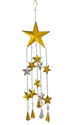 Windspiel Sterne aus Metall, Silber/Gold, 58 cm hoch, mit 6 Glöckchen, Klangspiel, Deko-Hänger, Fensterdeko für die Adventszeit, Glockenspiel, Hängedekoration, Hänge-Girlande