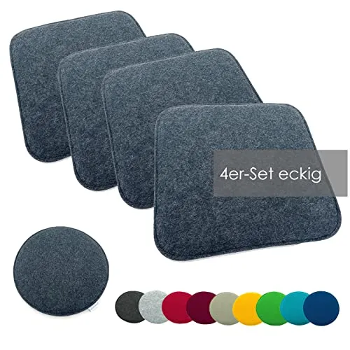 heimtexland ® 4er Pack Sitzkissen Filz - Anthrazit meliert 35x35 cm - Stuhlkissen aus 100% pflegeleichtem Polyester, strapazierfähig und ideal für drinnen und draußen. Hoher Sitzkomfort durch 2 cm Polsterung, schnell trocknend und fleckunempfindlich.