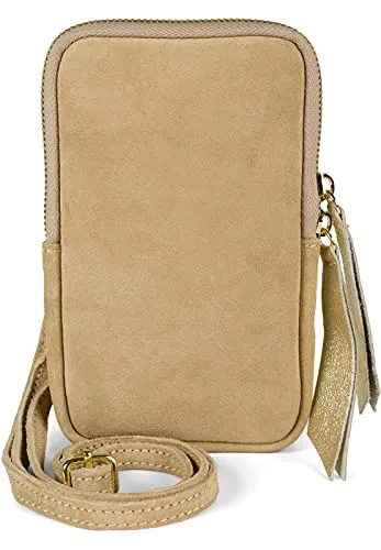 styleBREAKER Damen Leder Umhängetasche aus weichem Veloursleder - Elegante Umhängetasche aus Echtleder mit abnehmbarem Schultergurt, ideal für stilvolle Auftritte. Schützt Ihr Handy vor Kratzern und ist vielseitig als Clutch oder Crossbody Bag tragbar.