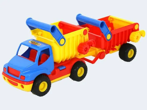 WADER ConsTruck Muldenkipper mit Kippanhänger - Lastwagen für Kinder mit flexibler Anhängerkupplung für realistischen Spielspaß. Robuste Gummireifen und kinderfreundliches Design garantieren sicheres Spielen drinnen und draußen.