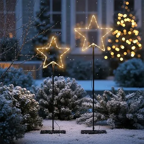 Gartenstecker Sterne 2er Set mit 180 LED - warmweiß, 90 + 125 cm - Moderne Gartenstecker im 2er Set mit warmweißer LED-Beleuchtung und Timer-Funktion. Ideal für festliche Dekoration im Garten, Balkon oder Innenräumen. Kabelgebunden, wetterfest mit IP44-Zertifizierung.