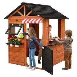 Joyz Kinderspielhaus aus Tannenholz mit Spiel- und Matschküche, Kinderhaus Outdoor mit Tür, Fenster & 2 Blumentöpfe, Wetterfeste Gartenhaus für... - Braun