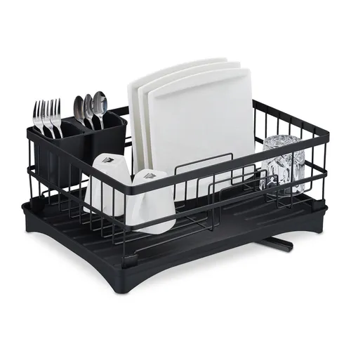 relaxdays Trockenständer Abtropfgestell mit automatischem Abfluss, Schwarz - Abtropfgestelle für müheloses Geschirrabtrocknen. Mit drehbarem Abfluss für schnelles Wasserableiten in die Spüle und platzsparendem Design. Ideal für Teller, Tassen und Besteck.