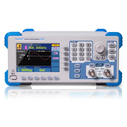 PEAKTECH 4124 - Arbiträr Funktionsgenerator mit 2 Kanälen - Funktionsgenerator/Frequenzzähler mit 1 µHz - 10 MHz, ideal für Ausbildung und Forschung. Leichte Bedienung, 10 cm TFT-Display und integrierter Wellenformeditor für vielseitige Anwendungen.