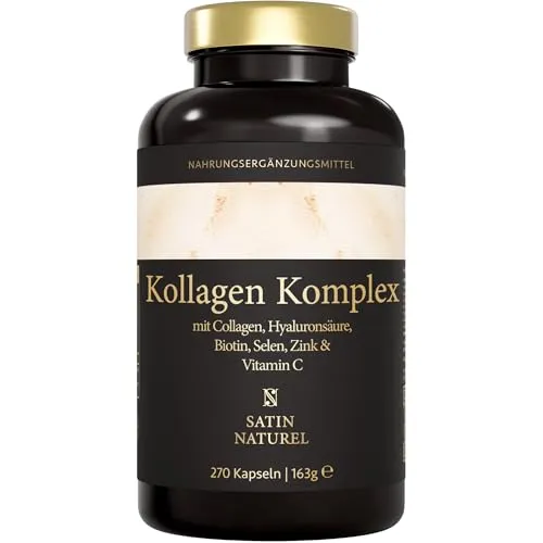 Satin Naturel Hyaluron Kollagen Komplex – 270 hochdosierte Kapseln mit Biotin, Selen, Zink, Vitamin C & Bambusextrakt – Für Haut, Haare & Nägel – Made in Germany
