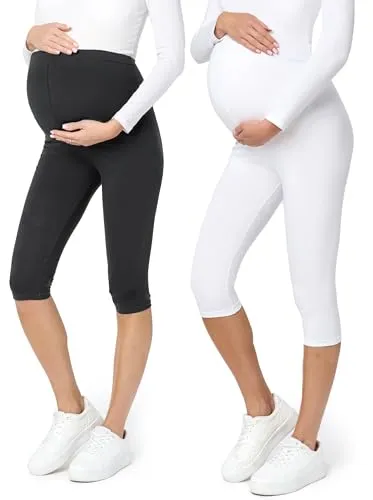 Be Mammy 3/4 Umstandsleggings Kurz aus Baumwolle Bequeme und blickdichte Schwangerschaftsleggings 2Pack Umstandsmode BE20-229 (2Pack Schwarz/Weiß, 4XL)