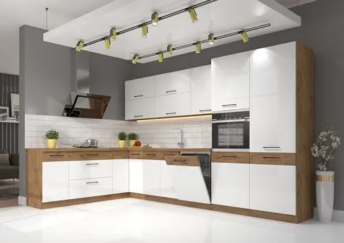 Eckküche VIGO Weiß Glanz 210x350 cm - Küchenzeilen mit Hochglanz Weiß und Eiche Lancelot Design, ideal für optimale Raumnutzung und Stauraumwunder in Ihrer Küche.
