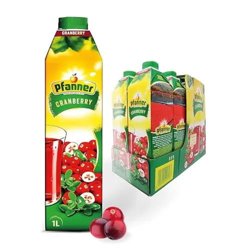 Pfanner Saft Cranberry 1,0 Liter - 8er Pack - Säfte: Genieße den feinherben Geschmack des Pfanner Cranberry Safts mit 20% Fruchtgehalt, ideal für gesunde Erfrischung in praktischen 1,0 Liter Flaschen.