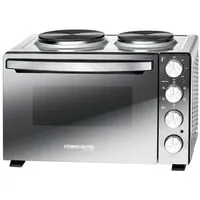 ROMMELSBACHER KLEINKÜCHE KM 3300 - 2 Gussheizplatten, 30L Minibackofen mit 5 Heizarten und motorischem Drehspieß für vielseitiges Kochen und Grillen