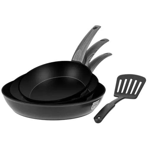 GRÄWE Pfannenset, 3-teilig (20/24/28 cm) - Pfannen für alle Herdarten, induktionsgeeignet und mit rutschfesten Kunststoffgriffen in Holzoptik. Ideal für energiesparendes und fettfreies Braten.