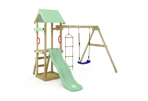 Wickey Spielturm TinyCabin - Klettergerüst mit Schaukel & Rutsche - Schaukeln für Kleinkinder, wetterfestes Holz, 10 Jahre Garantie*, inkl. Wellenrutsche und Sandkasten für Spielspaß im Garten.