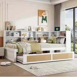 Bettsofa Modern Aus Holz Weiß 90x200 Cm Mit Ausziehbett 90x190, Kopfteil Mit Usb-anschluss Und Stauraum
