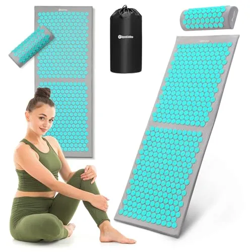 HyperMotion Akupressurmatte XL 130 cm mit Kissen & Tasche – grau-mint
