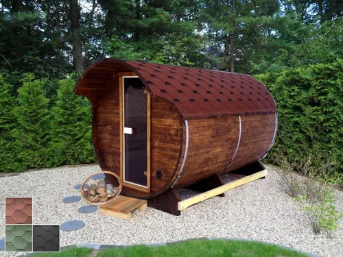 Finn Art Blockhaus Fasssauna Kari 5, 42 mm, Schindeln rot, Outdoor Gartensauna, ohne Ofen, mit Vorraum