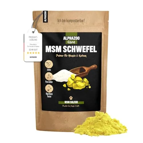 alphazoo MSM Pulver Hund & Katze 250g I 99,9% rein I Organischer Schwefel ohne Zusätze I Methylsulfonylmethan für Gelenke, Sehnen & Bänder I Natürliches Gelenkpulver für Gelenk- & Knochenschutz