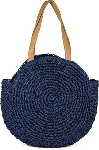 styleBREAKER Runde Damen Basttasche Dunkelblau - Damen-Schultertasche im Boho-Stil, geflochten aus robustem Papier, ideal für Strand und Alltag mit großem Reißverschluss-Hauptfach für sichere Aufbewahrung.