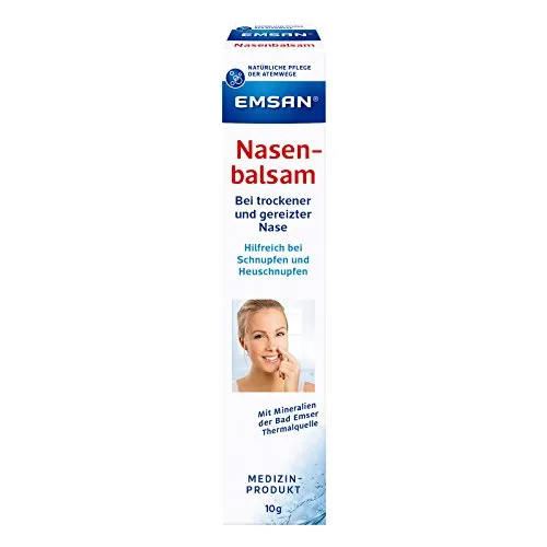 Emsan Nasenbalsam für trockene und gereizte Nasen, 10 g, zur Nasenpflege | Zur Befeuchtung und Pflege bei Schnupfen, Krusten- und Borkenbildung, auch bei Allergien geeignet, Packungsgröße 10 g