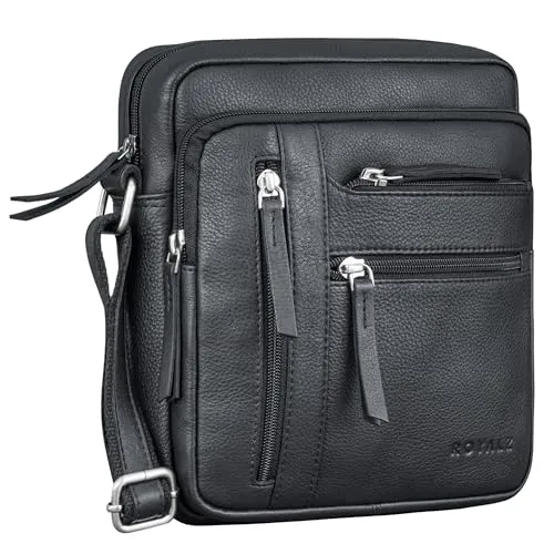 ROYALZ 'Indianapolis' Vintage Leder Umhängetasche Herren Klein Ledertasche Männer Tasche Schultertasche Echtleder Männerhandtasche zum Umhängen Herrentasche Büffel-Leder, Farbe:Schwarz