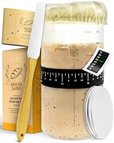 KRUSTENZAUBER Sauerteig Starter Set - 1000ml Gärglas - Gärbehälter für die Heimbrauerei mit 1000ml Gärglas, Thermometer und Spatel für ein echtes Backerlebnis. Perfekt für die Herstellung von individuellem Sauerteig.