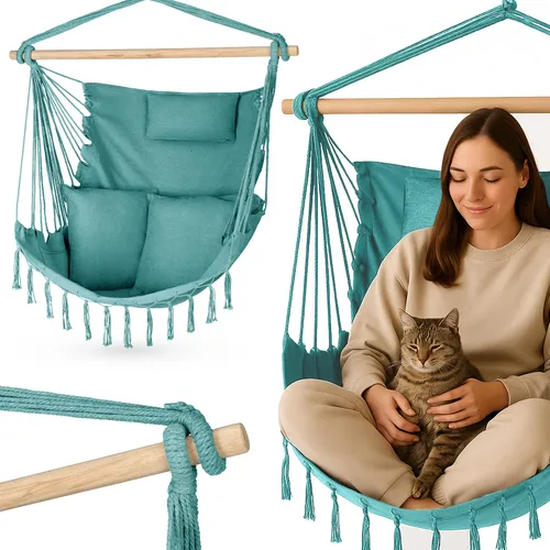 Outtec Hängesessel Grün - Boho-Stil - Vielseitiger Hängesessel im zeitlosen Boho-Stil, ideal für Garten und Balkon. Strapazierfähiges Material für bis zu 140 kg Belastung, inkl. 2 Kissen für maximalen Komfort.