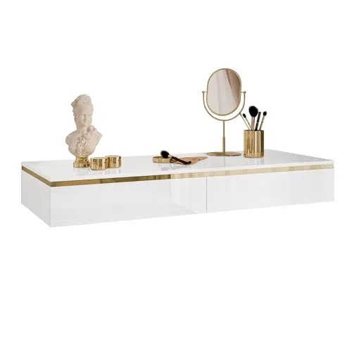 lukmebel - Schminktisch Aurora in Weiß und Gold - Drohnen: Eleganter Schminktisch mit praktischen Schubladen für viel Stauraum, ideal für eine stilvolle Raumgestaltung und platzsparend durch wandhängende Montage.