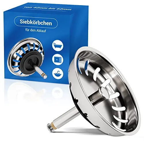 AQUADE 6052 Siebkörbchen mit Hubstange 8x42-62mm und Gummidichtung für Küchenspülen mit Excenterbedienung, aus Edelstahl, Siebkorb 81mm