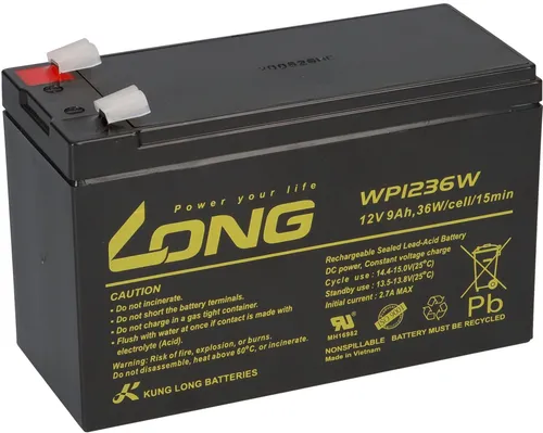 Kung Long Blei Akku 12V 9Ah WP1236W - Bleiakkus für Hochstromanwendungen, wartungsfreier AGM Akku mit 9Ah Kapazität, ideal für Notbeleuchtung und Industrieeinsätze
