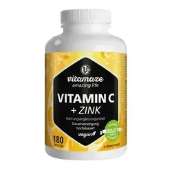 Vitamaze VITAMIN C1000 mg hochdosiert+Zink vegan - Nahrungsergänzungsmittel mit 1000 mg Vitamin C und 10 mg Zink, unterstützt das Immunsystem und schützt vor oxidativem Stress, ideal für eine gesunde Lebensweise.
