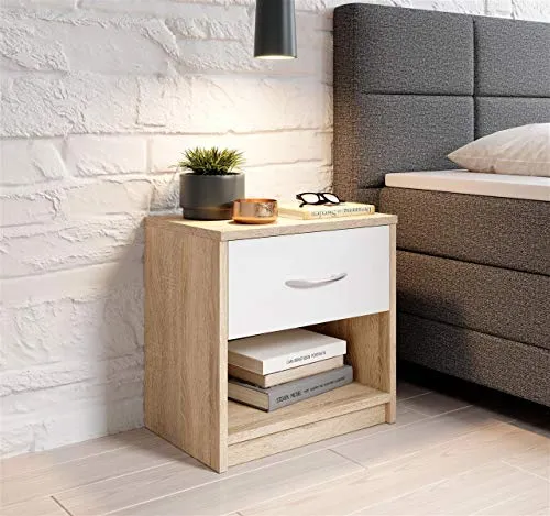 möbelando Nachttisch Bettine I Eiche Sonoma/Weiß - Stilvolle Nachtkommode mit praktischem Stauraum, ideal für Ihr Schlafzimmer. Mit geradlinigem Design und einfacher Montage für mehr Ordnung.