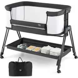 COSTWAY 2 in 1 Beistellbett & Stubenwagen klappbar, tragbare Babybett mit 7 verstellbaren Höhen & Matratze & Tragetasche & Gurte, verstellbare Rei... - Dunkelgrau