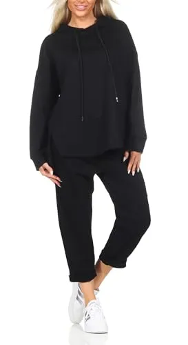 simaranda Damen Jogginganzug, Zweiteiler für Freizeit und Sport, Trainingsanzug, Hausanzug mit Hoodie und Hose Kapuze 7036 (DE/NL/SE/PL, Numerisch, 36, 42, Regular, Regular, Schwarz)