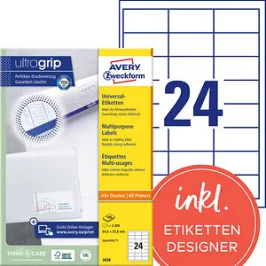 Zweckform 3658 Avery Etiketten 64.6 x 33.8mm - Universaletiketten in weiß, selbstklebend und bedruckbar, ideal für Kopierer und Drucker. Perfekter Druckereinzug dank Ultragrip-Technologie, 2400 Stück in umweltfreundlicher Verpackung.