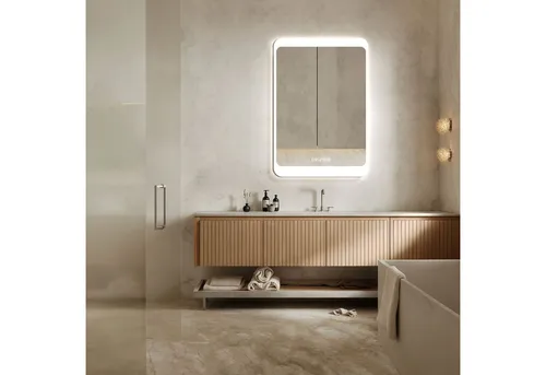 HOKO Badspiegel LED Antibeschlag mit Digitaluhr - Badspiegel mit integrierter Antibeschlag-Heizung und Digitaluhr, ideal für Badezimmer. Energieeffiziente LED-Beleuchtung mit Memory-Funktion sorgt für klare Sicht und modernes Ambiente.