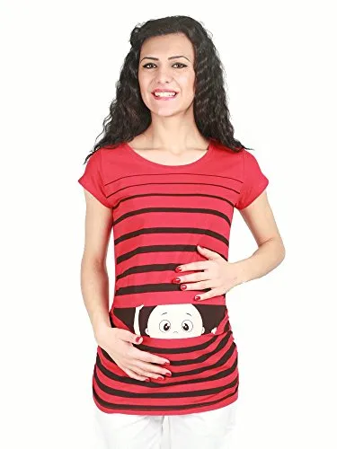 Witziges Umstandsmode T-Shirt mit Schwangerschafts-Motiv - Kurzarm (Rot, Small) - Modisches T-Shirt mit seitlichen Raffungen für optimalen Tragekomfort während der Schwangerschaft. Ideal als Geschenk und trendy für werdende Mütter.