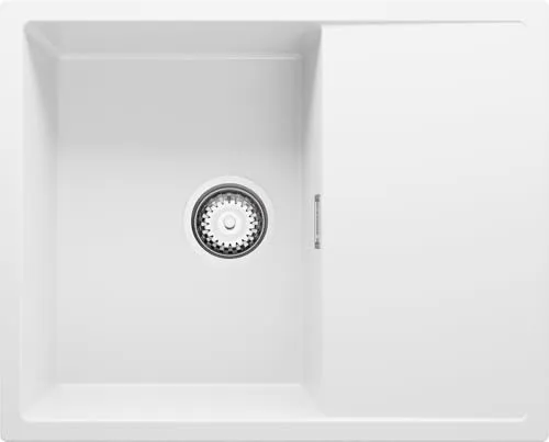 PRIMAGRAN Spülbecken Weiß 62x50cm - Ibiza S002, Granitspüle 1 Becken + Ablauf-Set für 45er Unterschrank - 1 Becken Spüle mit XL-Becken für großes Geschirr, kratzfest und thermisch schockresistent, modernes Design für stilvolle Küchen.