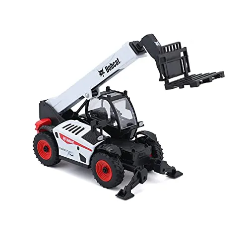 Bburago Bobcat T40.180 SLP Teleskoplader mit Palettenheber: Baufahrzeug im Maßstab 1:50, beweglicher Teleskop-Arm, ab 3 Jahren, 16 cm, weiß-schwarz (18-32087)