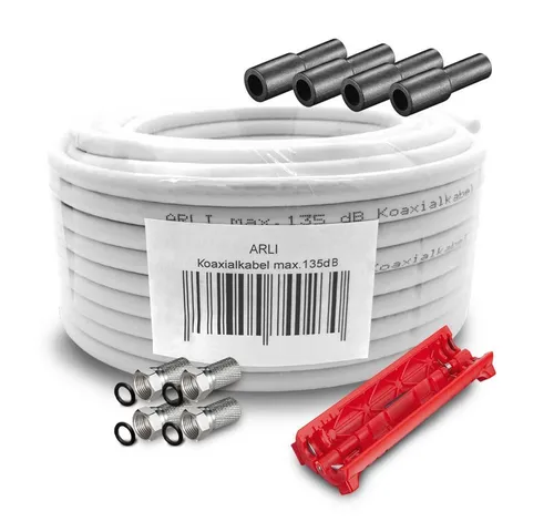 ARLI 50m Koaxialkabel + 4x F-Stecker & 4x Gummitülle & Abisoliermesser TV-Kabel, F Stecker, Sat (5000 cm), 50 m TV Sat Koax Antennen Kabel 5-fach geschirmt Verlegekabel Set