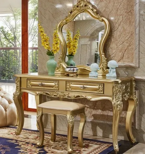 Eleganter Schminktisch mit Spiegel in Gold - Schminktisch im Retro-Stil, 100 x 50 x 170 cm, aus Holz und Glas, mit 2 Schubladen. Ideal für das Schlafzimmer, freistehend und einfach zu montieren.
