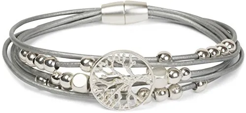 styleBREAKER Armband mit feinen Bändern, Lebensbaum Anhänger und Schmuckperlen, Magnetverschluss, Armschmuck, Schmuck, Damen 05040135, Farbe:Silber