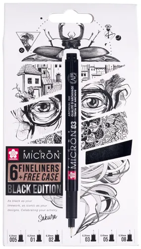 SAKURA Fineliner Pigma Micron, 6er Set + GRATIS Etui 6 in schwarz von SAKURA