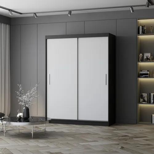 Eleganter Schwebetürenschrank Vista 04 - 150 cm in Schwarz/Weiß - Schwebetürenschrank Vista 04, elegant und funktional. Bietet viel Stauraum mit stabiler Kleiderstange und geräumigen Einlegeböden – ideal für stilvolle Schlafzimmer.