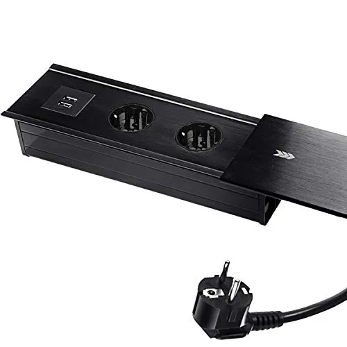 Spacetronik 2 Fach Versenkbare Steckdosenleiste mit 2 USB Einbausteckdose | Tischplatte Versenkte Steckdose, Tischsteckdose Versenkbar, Mehrfachsteckdose 230V mit 1.5M Kabel, Schiebedeckel