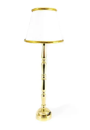 Puppenhaus Standardlampe Messing Mit Weißem Goldrandschirm LED Batterie Licht