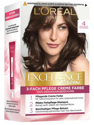 L'Oréal Paris Excellence Creme Farbe 4 Mittelbraun – 3-Fach Pflege Haarfarbe