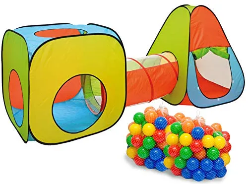 LittleTom Bällebad mit Tunnel - 200 bunte Bälle, faltbares Spielzelt für drinnen und draußen, ideal für Kinder ab 1 Jahr