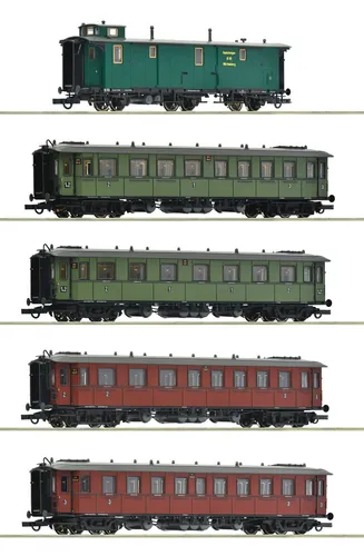 Roco 6200076 H0 5er-Set Schnellzug der K.W.St.E - Personenwagen Set mit vier Schnellzugwagen und einem Gepäckwagen der modernen K.W.St.E., ideal für Modellbahn-Enthusiasten und historische Nachbildungen.