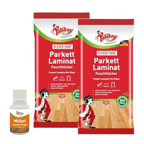 Poliboy Parkett Laminat Feuchttücher - Bodentücher zur Parkettreinigung und Pflege - 2x 15 Tücher - Mit Produktprobe - Made in Germany