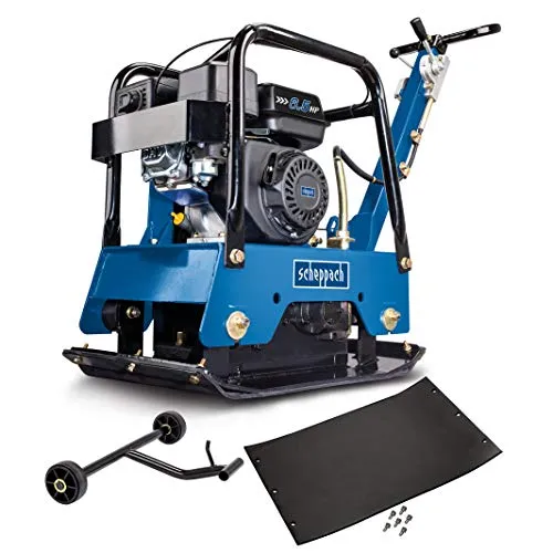 Scheppach HP2500S Benzin Rüttelplatte reversierbar – 6,5PS für effektive Bodenverdichtung - Robuste Rüttelplatte mit 6,5 PS Motor und reversierbarem Vor- und Rücklauf. Ideal für Bauprojekte und Pflasterarbeiten. Inklusive Gummimatte für schonendes Arbeiten.