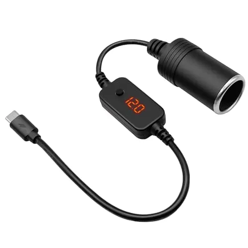 USB C Stecker auf 12V Auto Zigarettenanzünder Buchse Adapter Kabel Konverter mit Voltmeter Anzeige, Einstellbare Spannung 5V/9V/12V, Geeignet für Auto Ladegerät, GPS, Dash Cam