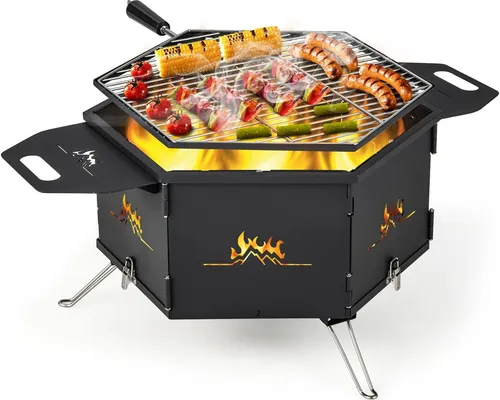 Tragbarer 2in1 Campinggrill - Holzkohlegrill & Feuerstelle - Vielseitiger Campinggrill aus Edelstahl und Kohlenstoffstahl, klappbar und ideal für Ausflüge in die Natur.